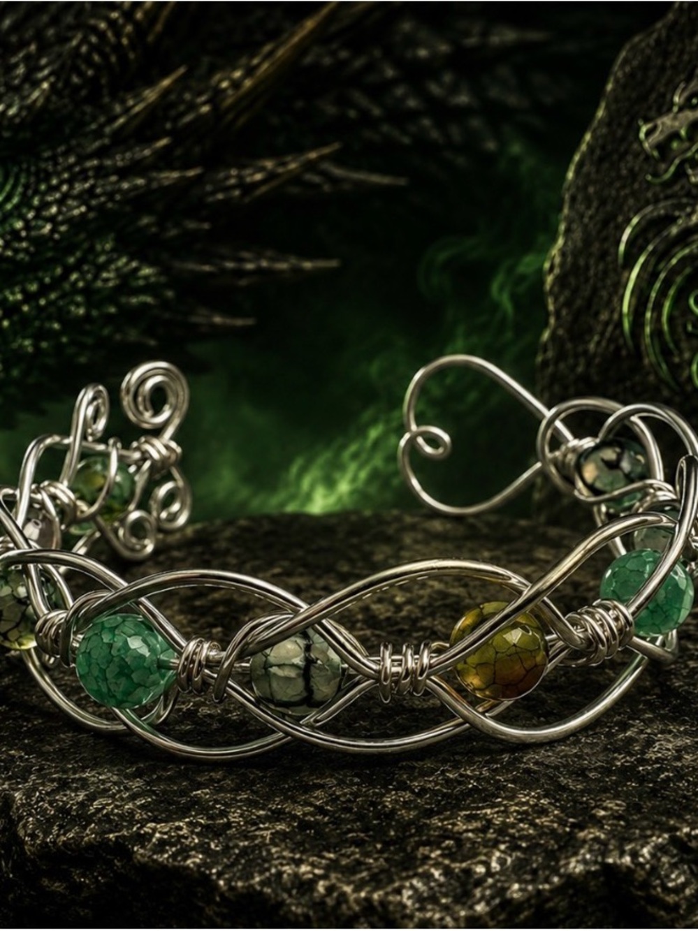 Silver Braided Bracelet with Green Dragon Vein Beads